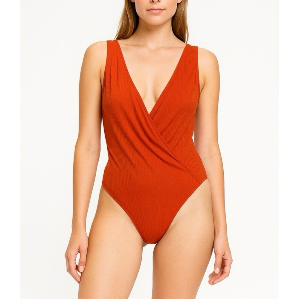 Aritzia Babaton Lido Contour Ribbed Wrap Bodysuit Orange Size S